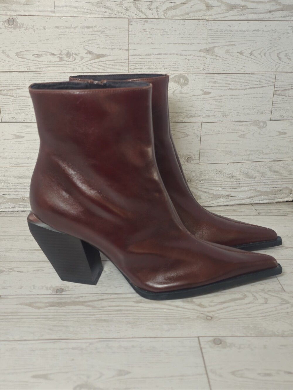 NWT ZARA Burgundy Genuine Leather Pointed Toe Sculptural Block Heel Ankle Boots